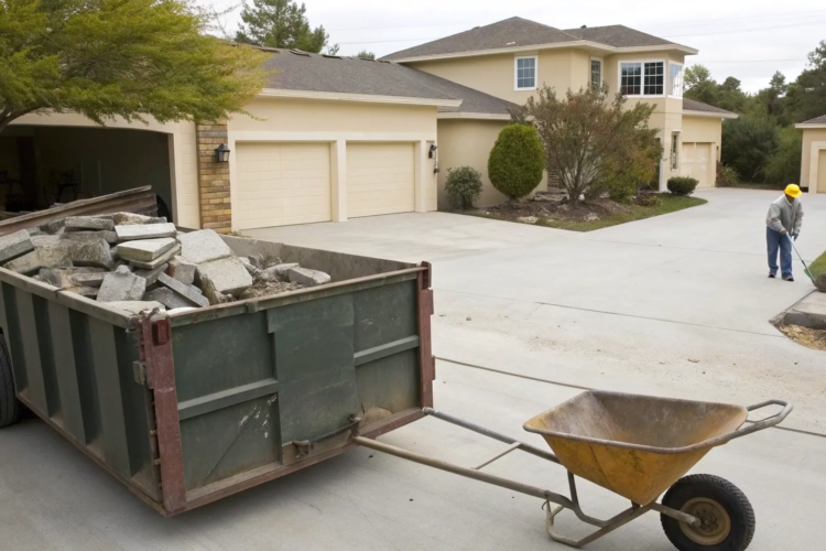 Putting chunks of broken concrete into a dumpster for proper disposal.