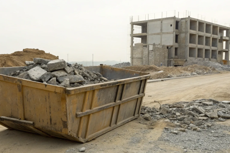 A rental dumpster filled with chunks of broken concrete for removal.