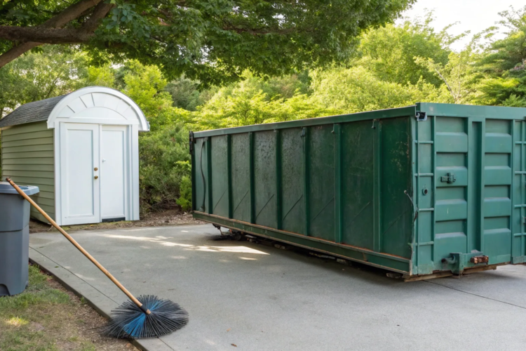 A dumpster with a porta potty combo unit on a driveway for a home renovation project.