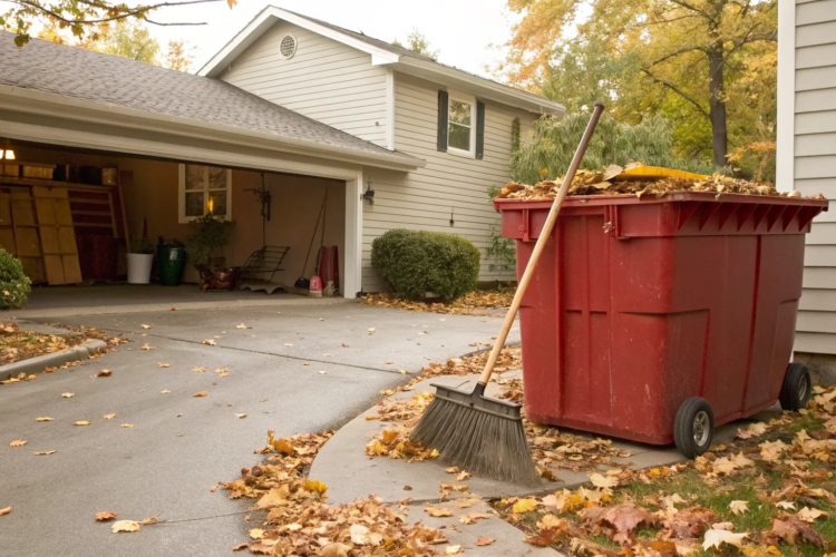 Red dumpster on a driveway for a house cleanout project.