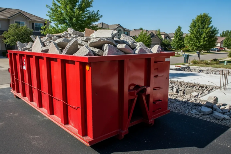 Dumpster filled with broken concrete debris on a residential driveway for concrete disposal project in Omaha