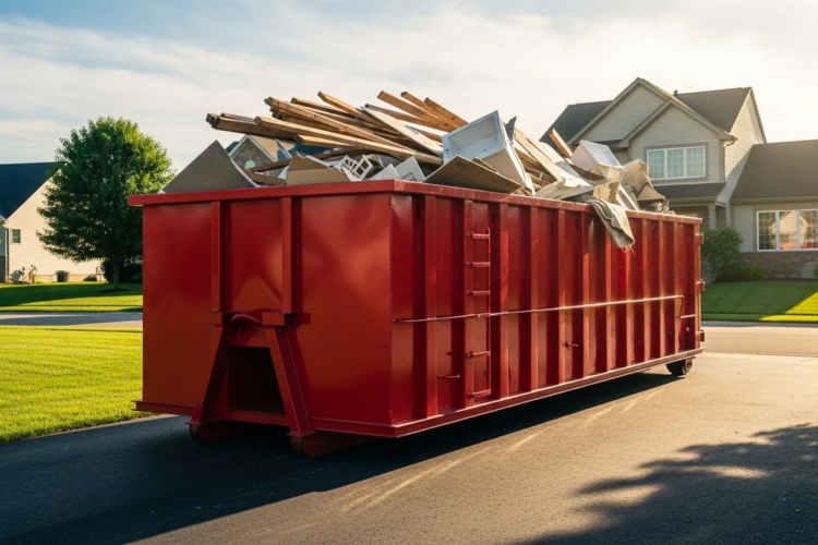 Clean red and black roll-off dumpster on a driveway in Omaha