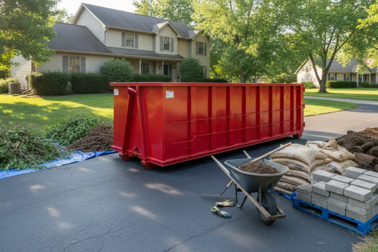 Red roll-off dumpster beside Omaha landscaping debris