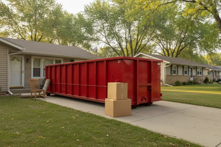 red roll-off dumpster in an Omaha driveway for an estate cleanout