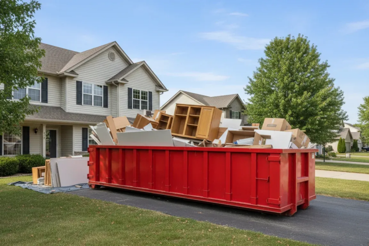 Red roll-off dumpster in an Omaha driveway for kitchen remodel debris cleanup