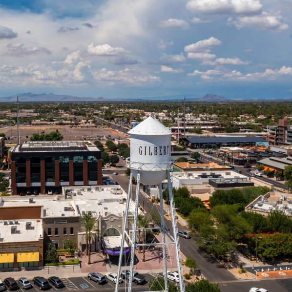 Aerial view of downtown Gilbert, AZ with watertower in center of image